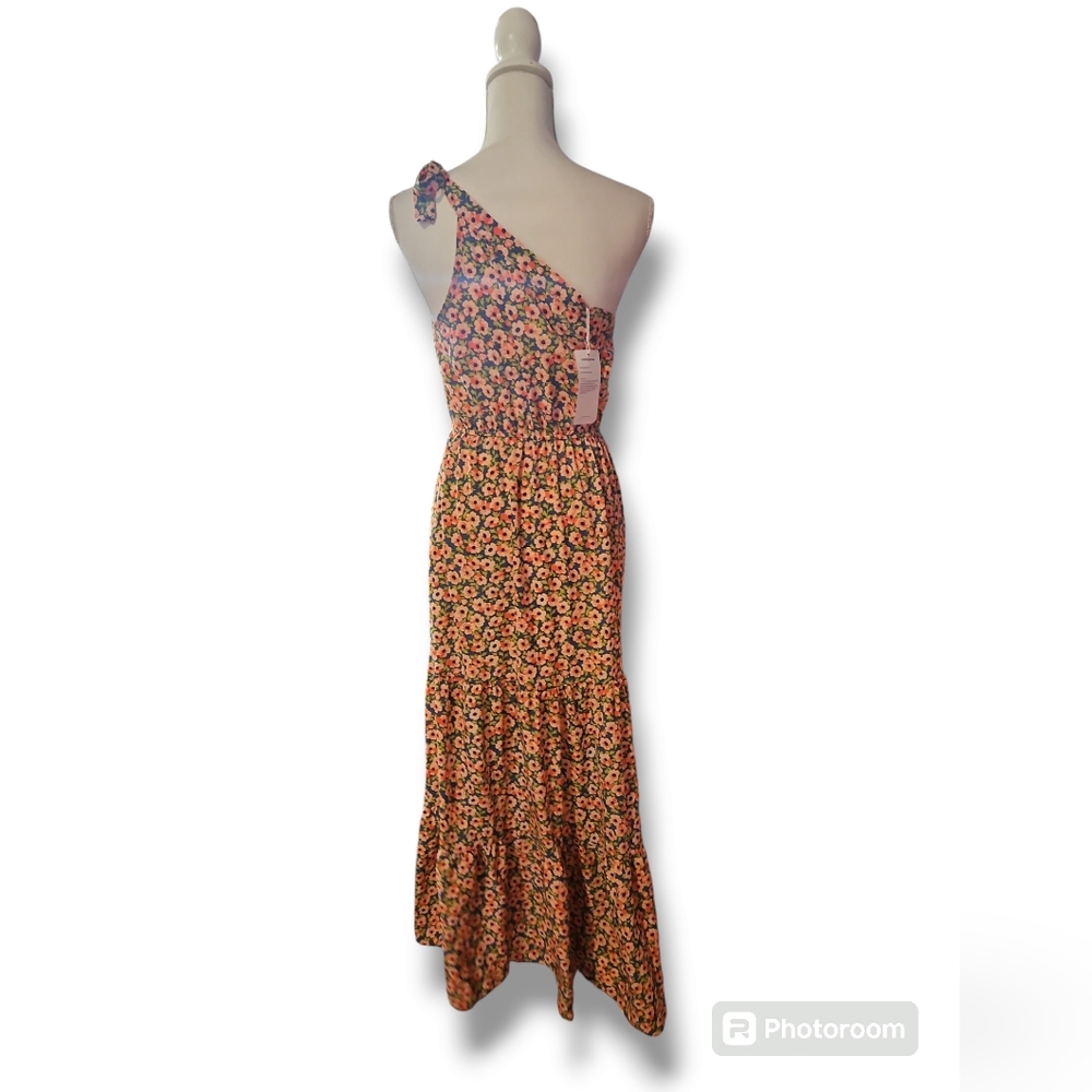 Women's Floral Maxi Dress Knot One Shoulder Sleeveless Ruffle Hem Flowy Boho - Picture 4 of 4